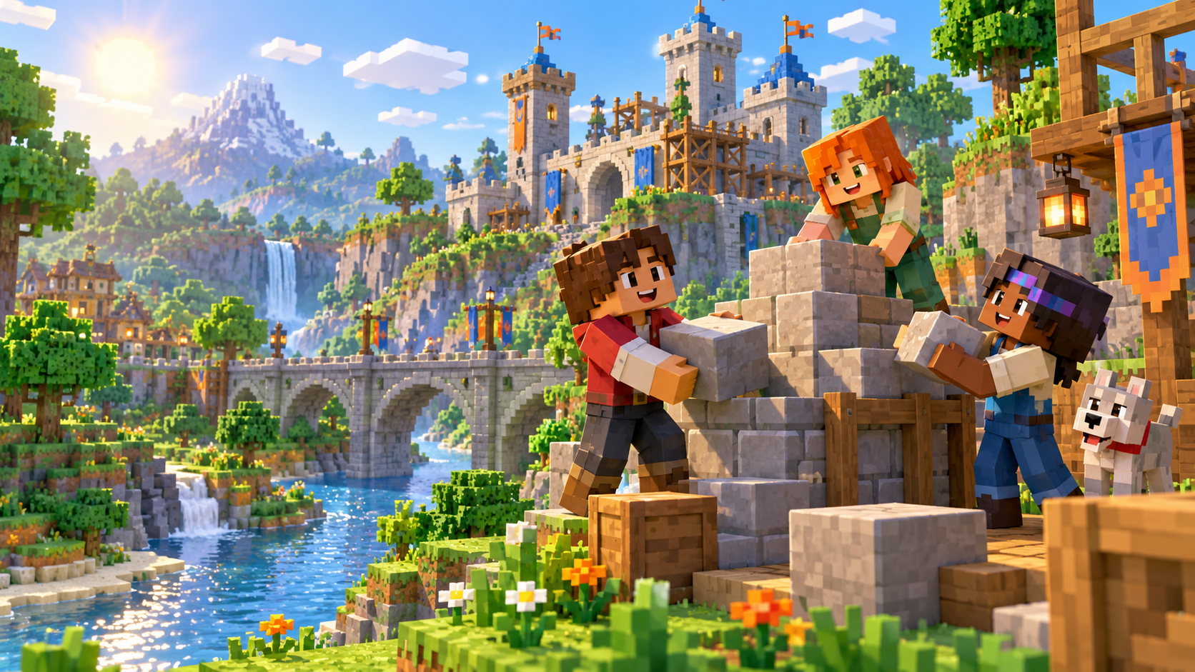 Friends building a colorful castle together in an original block world